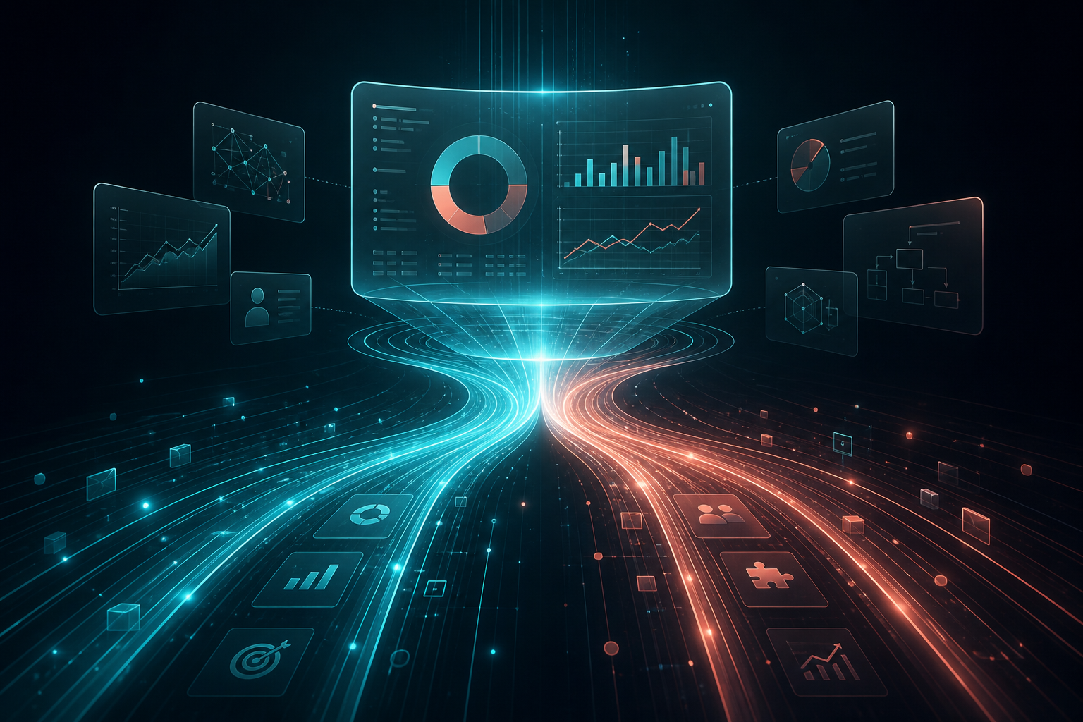 Abstract visualization of collaborative pathways merging into a shared strategic dashboard