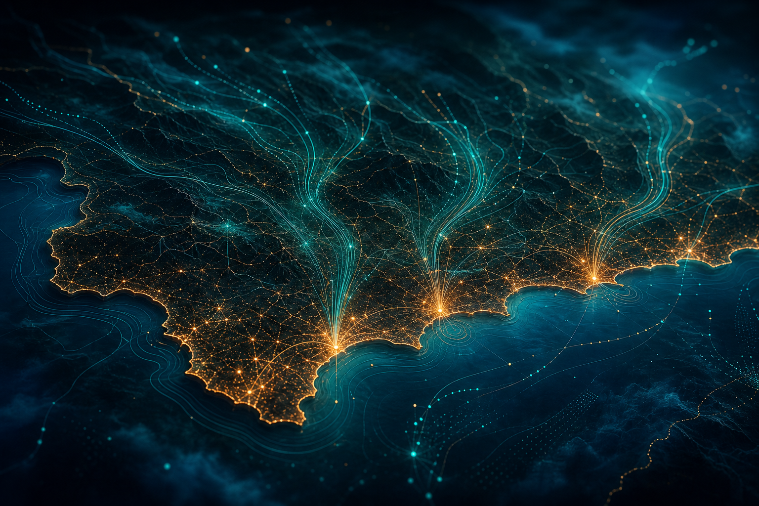 Stylized visualization of Andalusia connected to digital markets across Europe