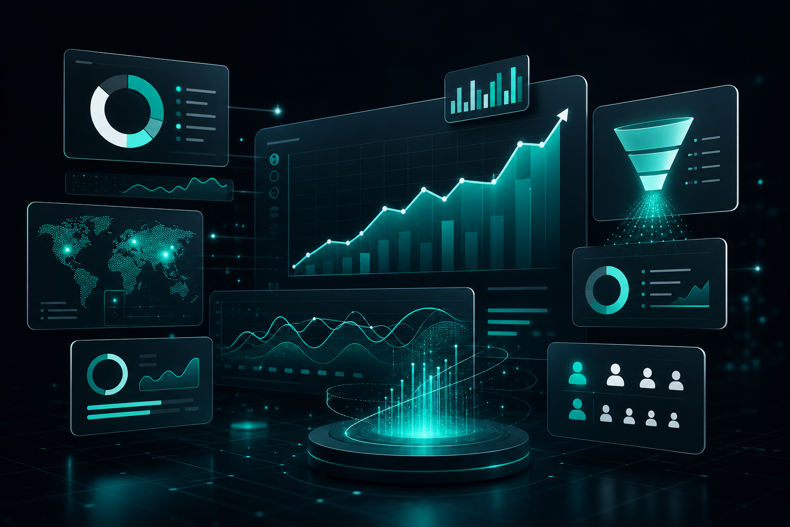 Data analytics dashboard showing marketing performance metrics and audience insights