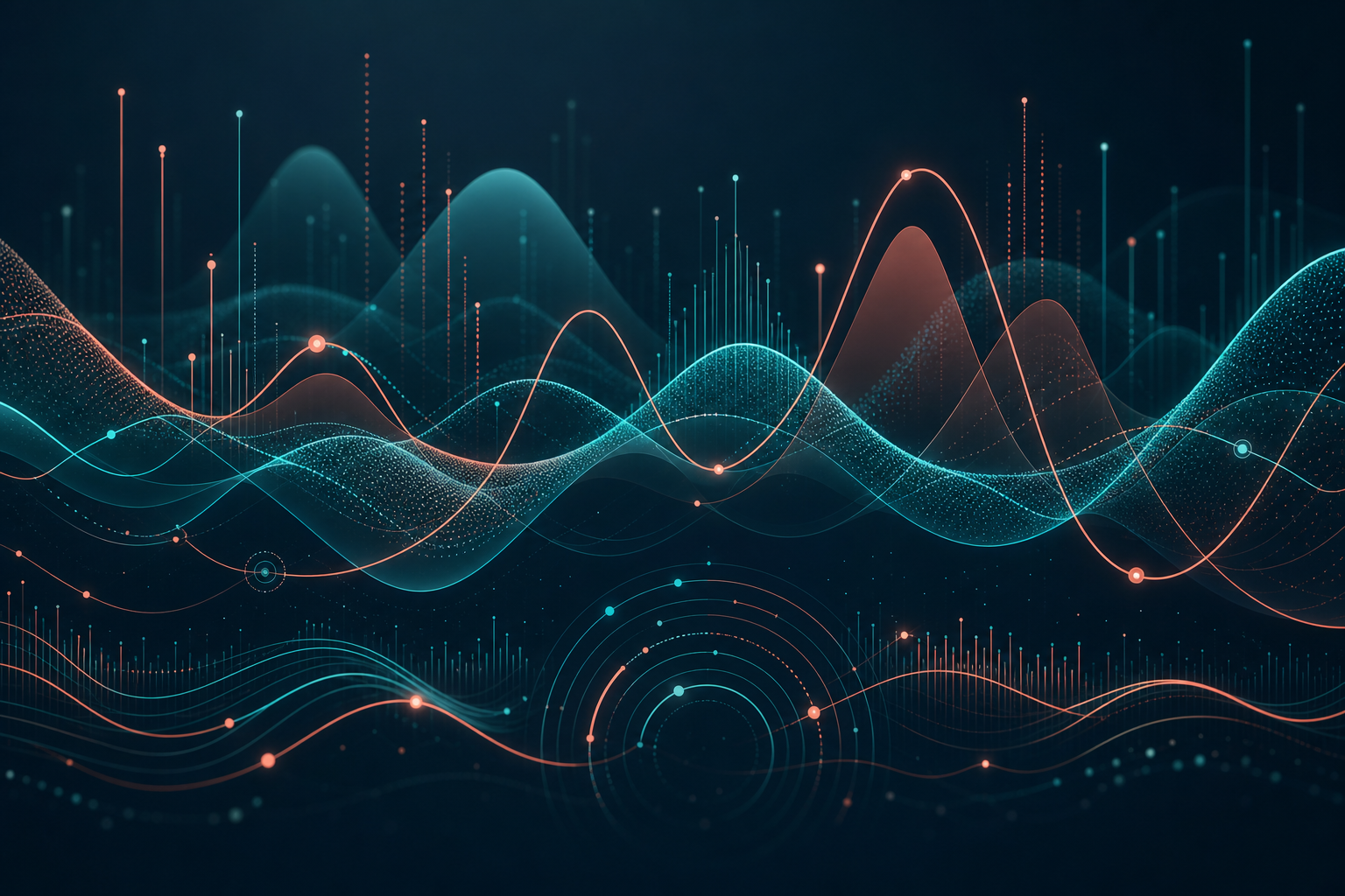 Abstract visualization of layered marketing signal waves and performance feedback data
