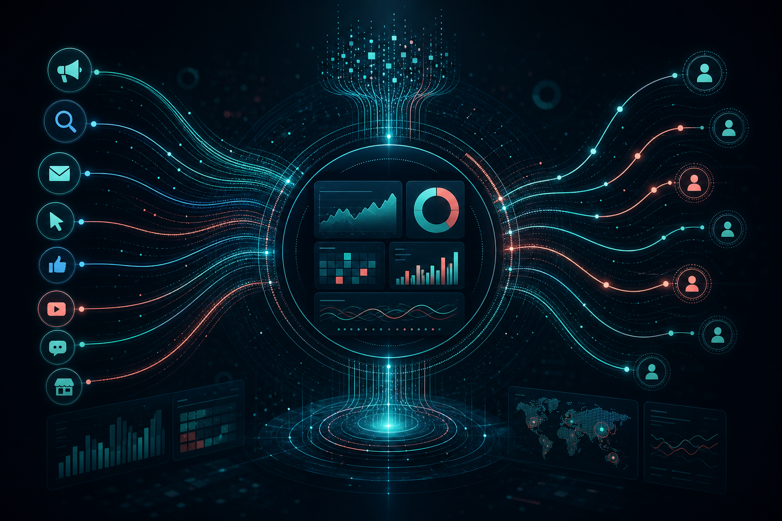 Marketing attribution and analytics hub visualization showing connected data streams