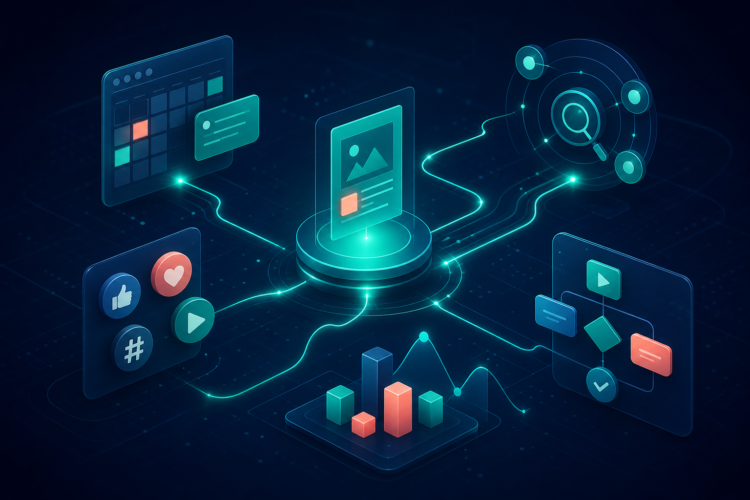 Digital marketing strategy visualization with connected channels and campaign workflows